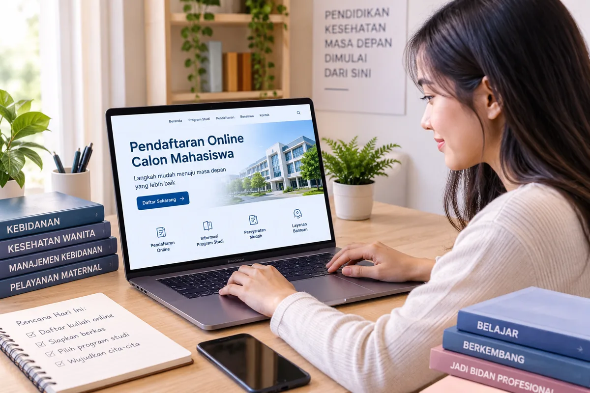calon mahasiswa melakukan pendaftaran kuliah kebidanan secara online melalui laptop
