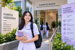 mahasiswa kebidanan berada di area kampus modern dengan fasilitas pendidikan lengkap
