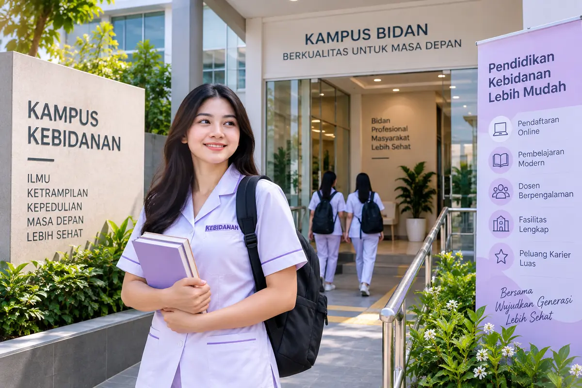 mahasiswa kebidanan berada di area kampus modern dengan fasilitas pendidikan lengkap