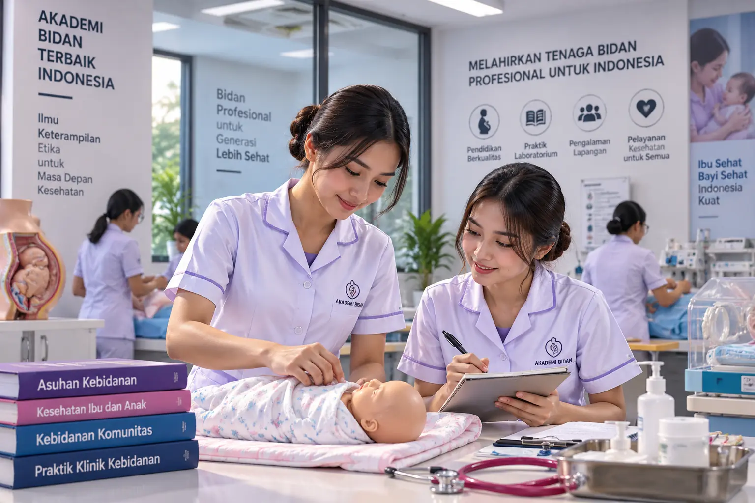 mahasiswa kebidanan berlatih perawatan bayi di laboratorium akademi bidan