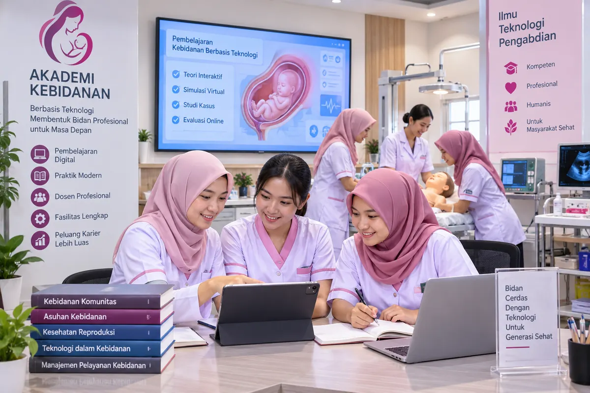 mahasiswa akademi kebidanan belajar menggunakan teknologi modern