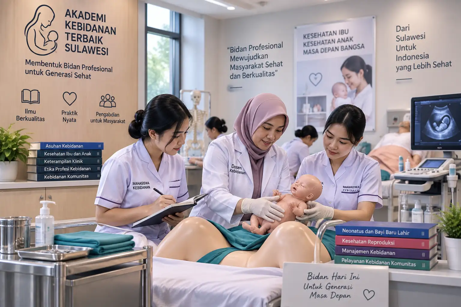 mahasiswa akademi kebidanan terbaik Sulawesi mengikuti praktik perawatan bayi bersama dosen