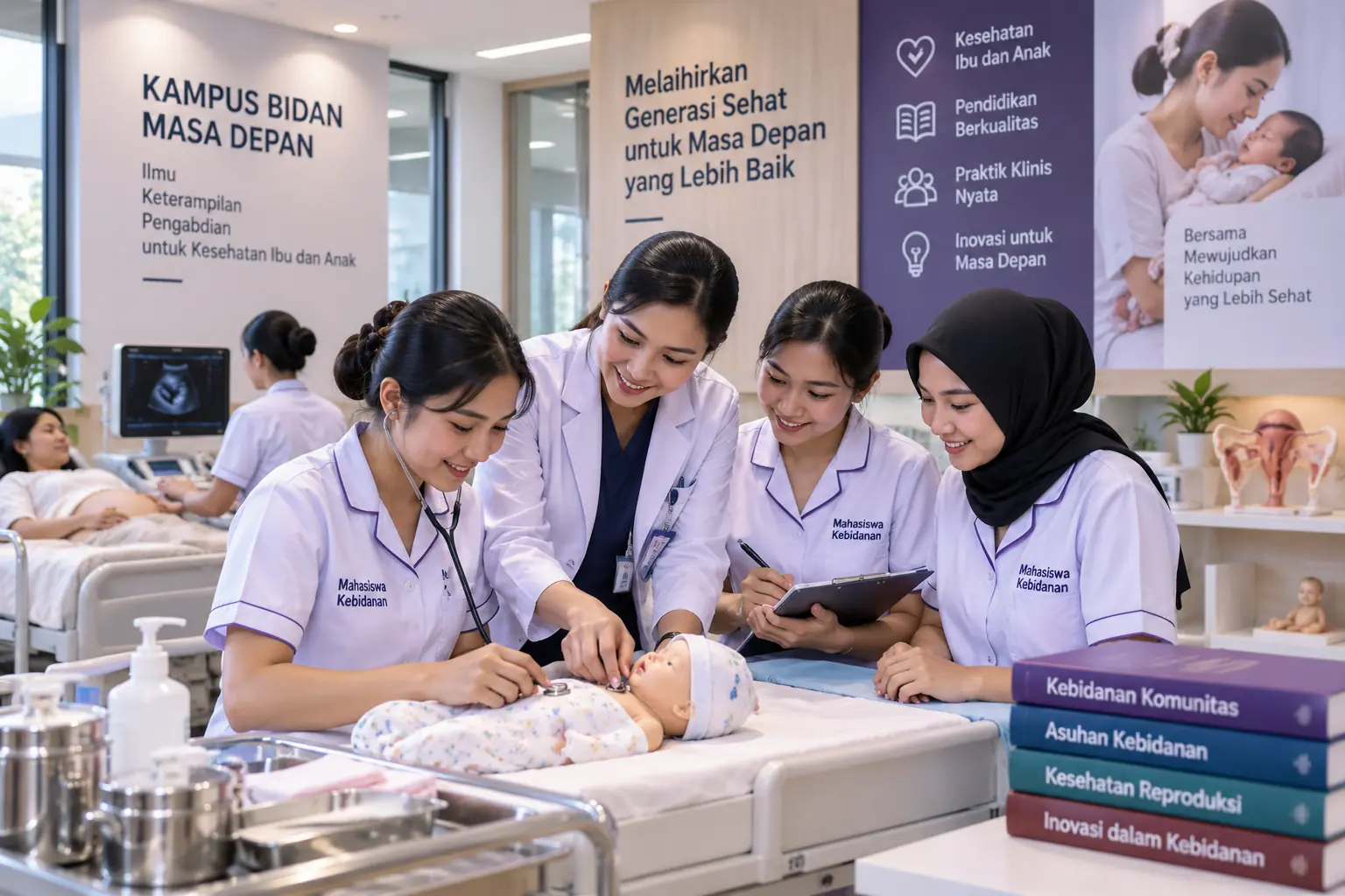 mahasiswa kebidanan berlatih pemeriksaan bayi di laboratorium klinis kampus