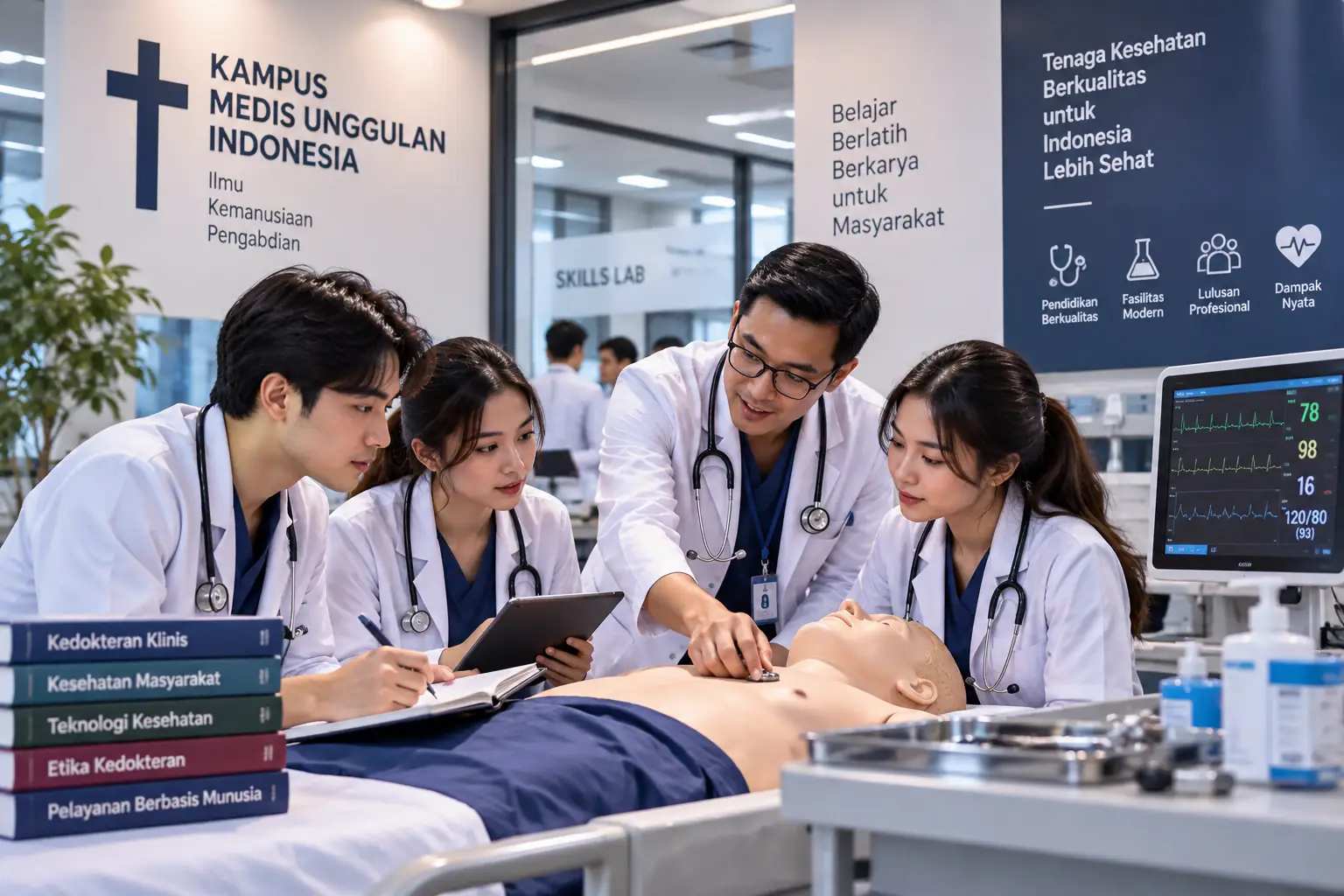 mahasiswa kedokteran mengikuti praktik pemeriksaan pasien di laboratorium medis kampus