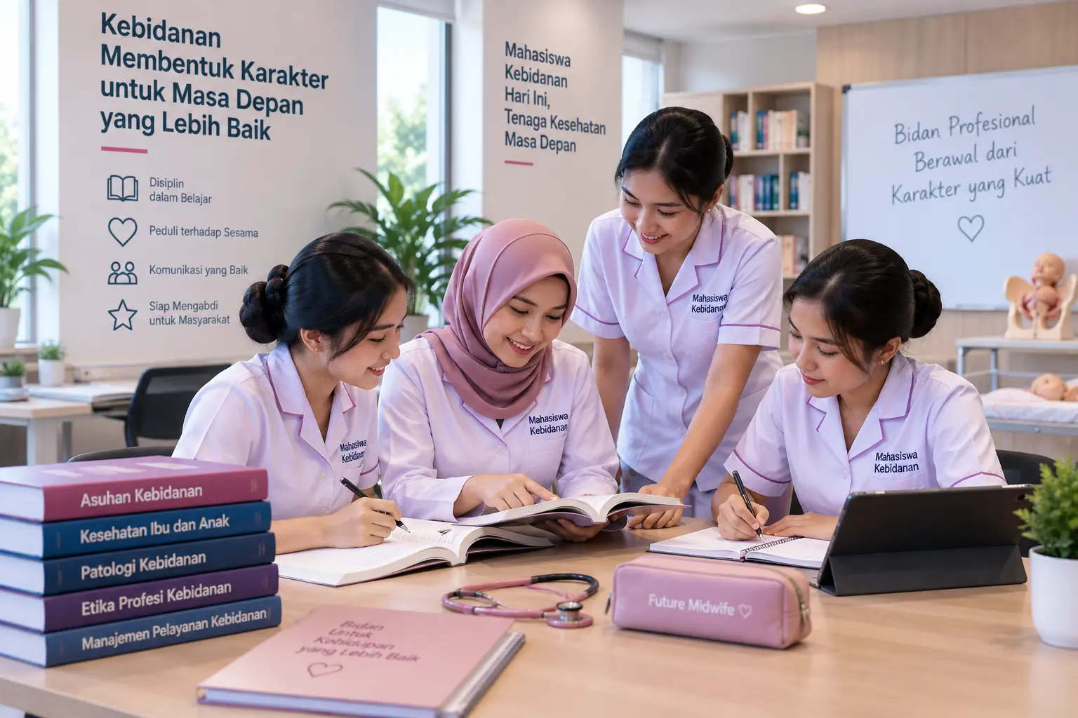 mahasiswa kebidanan belajar bersama untuk membangun disiplin, tanggung jawab, dan karakter profesional