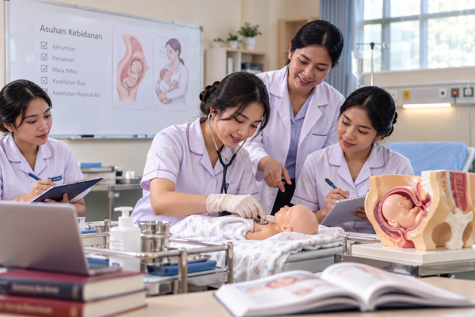 mahasiswa kebidanan melakukan praktik pemeriksaan bayi di laboratorium