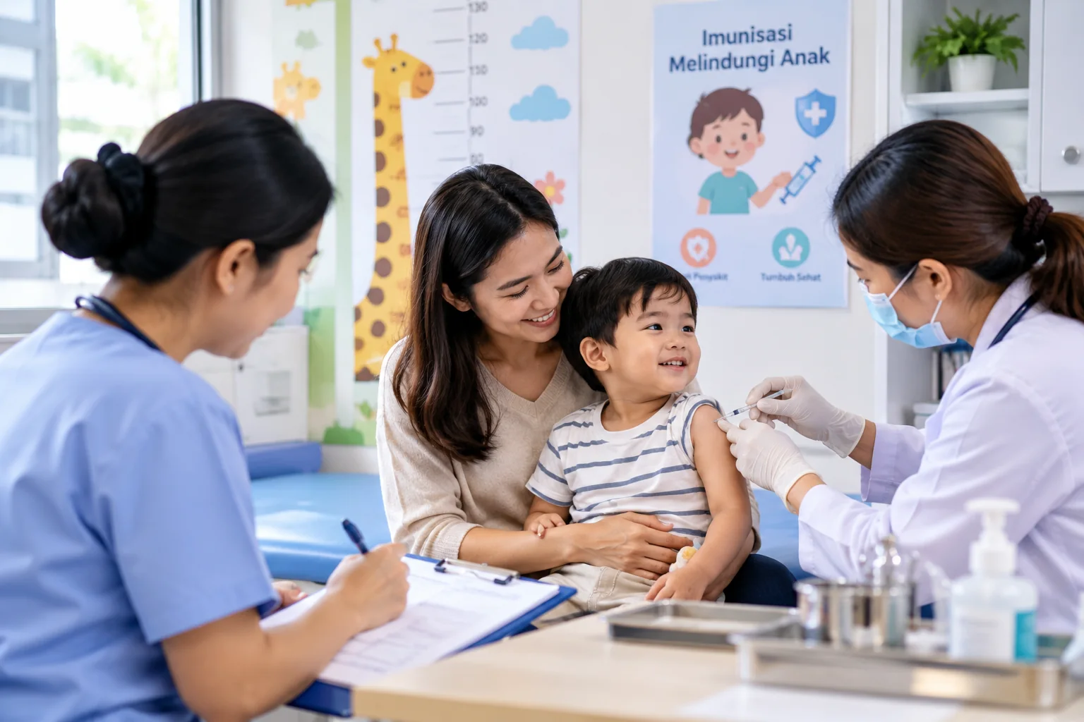 anak menerima imunisasi didampingi ibu di fasilitas kesehatan