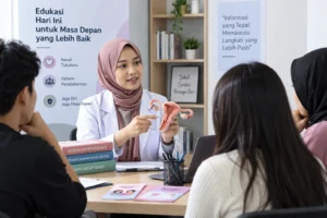 tenaga medis memberikan edukasi reproduksi menggunakan model anatomi kepada mahasiswa