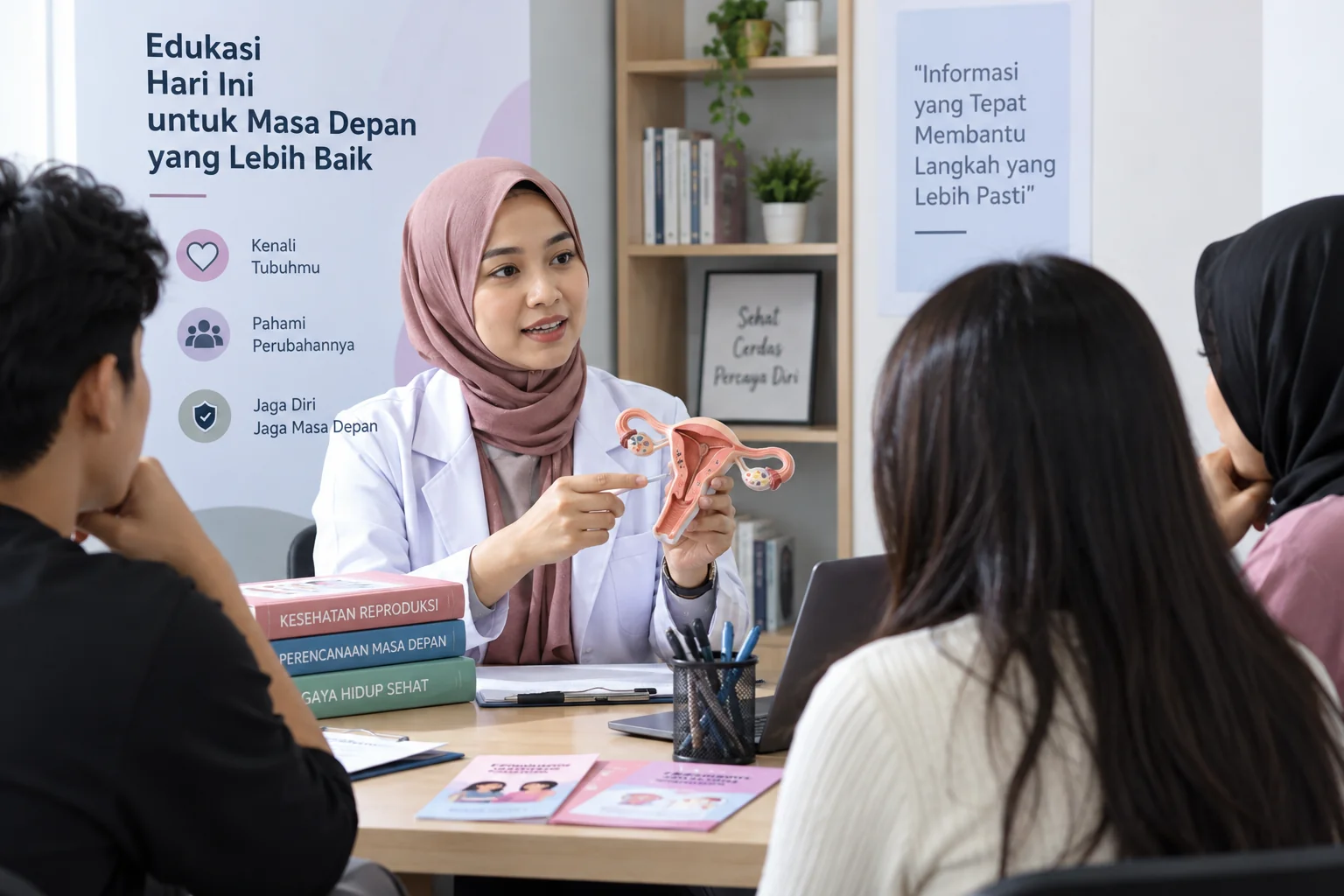 tenaga medis memberikan edukasi reproduksi menggunakan model anatomi kepada mahasiswa