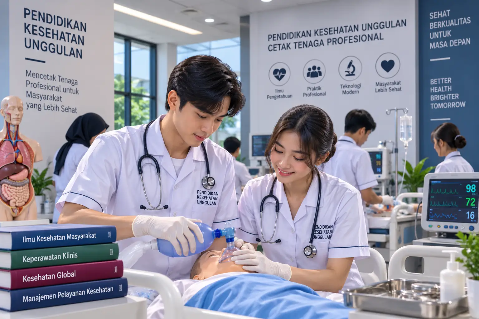 mahasiswa kesehatan menjalani simulasi penanganan pasien di laboratorium medis