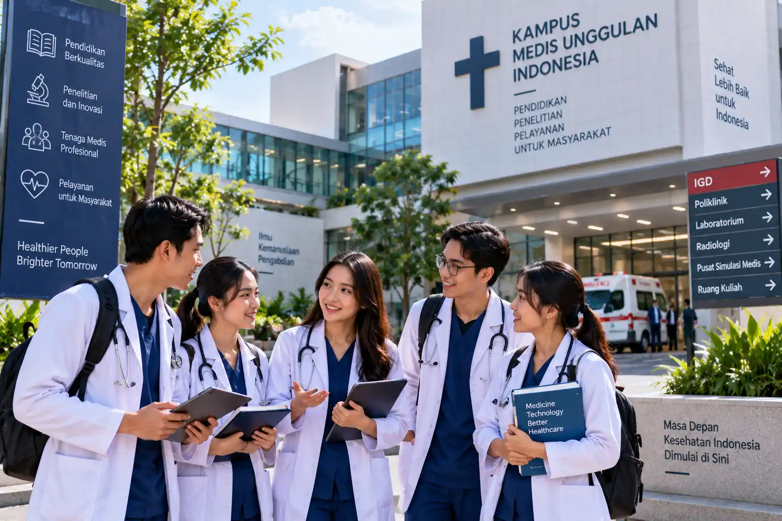 mahasiswa kedokteran berdiskusi di area kampus medis modern dengan fasilitas pendidikan kesehatan