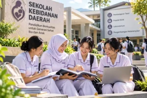 mahasiswa kebidanan belajar di lingkungan sekolah kebidanan daerah