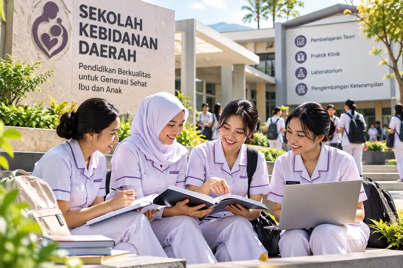 mahasiswa kebidanan belajar di lingkungan sekolah kebidanan daerah