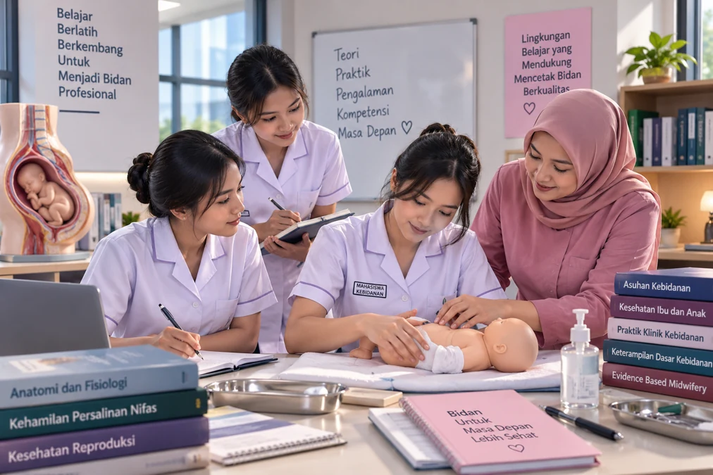 mahasiswa kebidanan berlatih keterampilan bersama dosen di laboratorium kampus