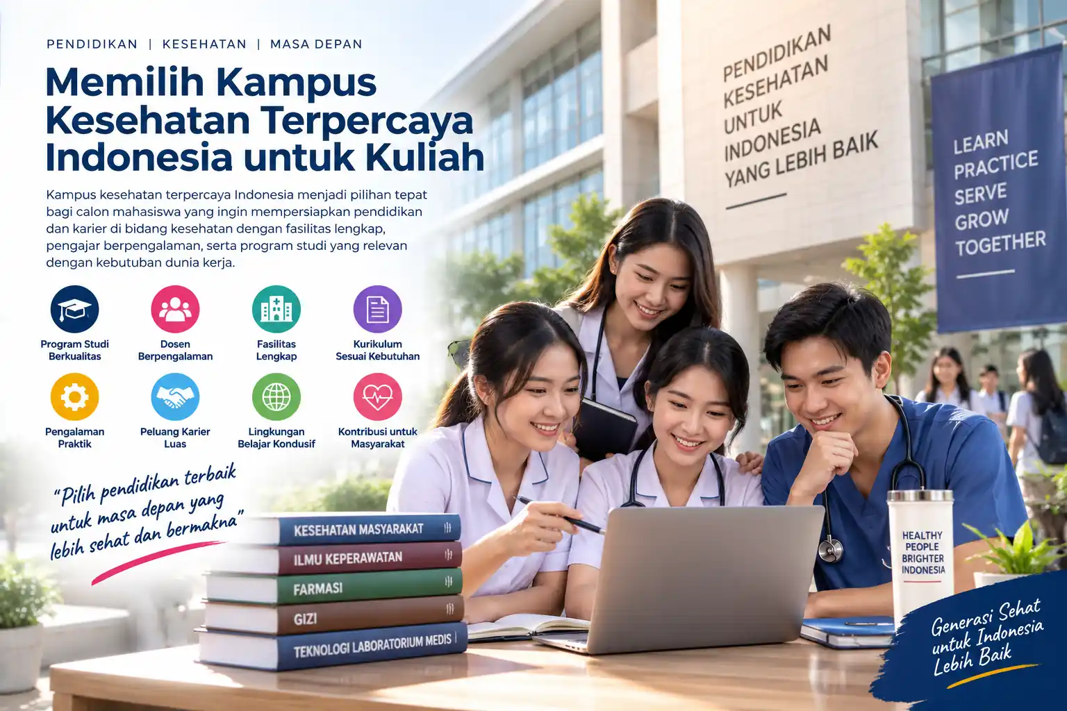 mahasiswa kesehatan belajar bersama di lingkungan kampus dengan fasilitas pendidikan modern