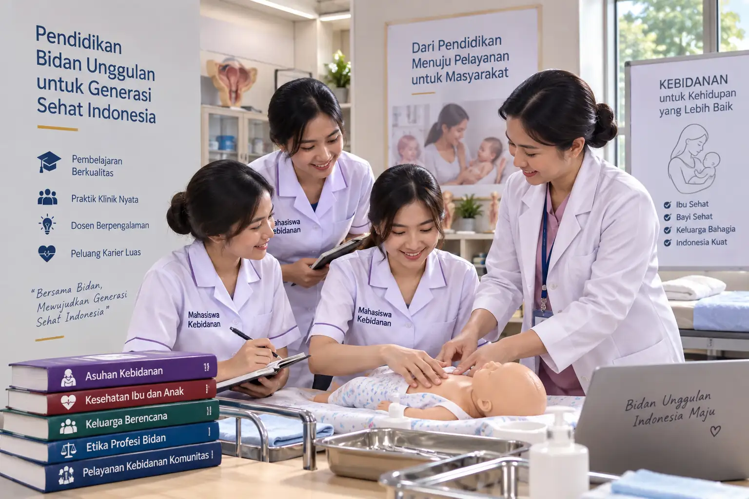 mahasiswa kebidanan mengikuti praktik keterampilan bersama dosen di laboratorium