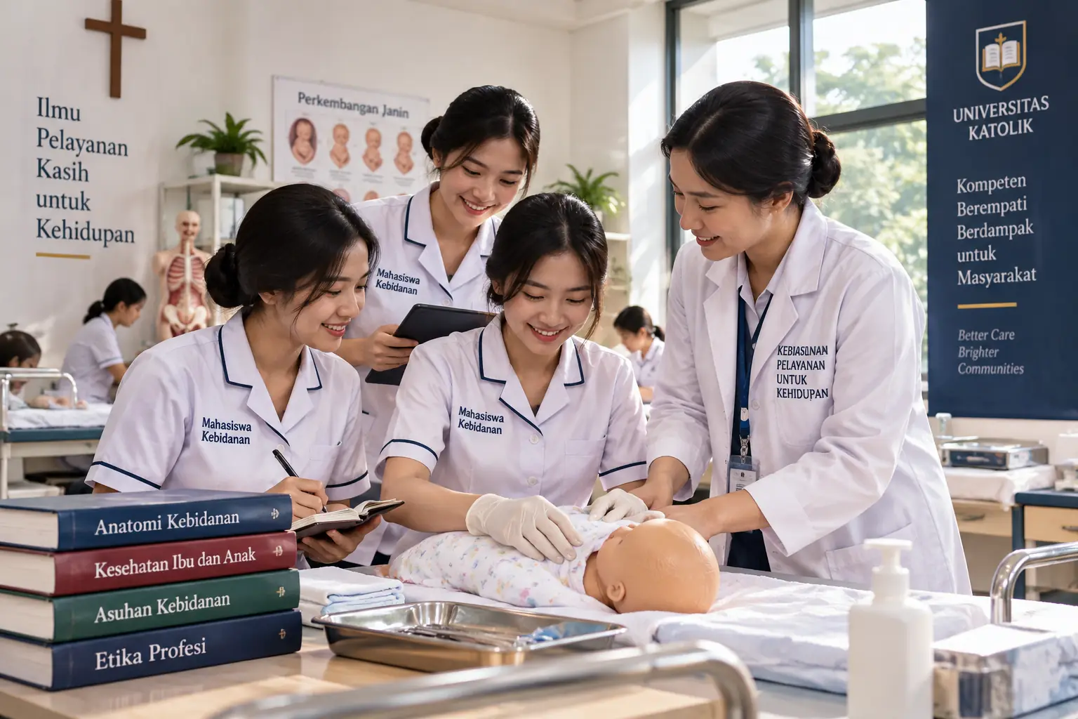 Mahasiswa kebidanan melakukan praktik perawatan bayi di laboratorium