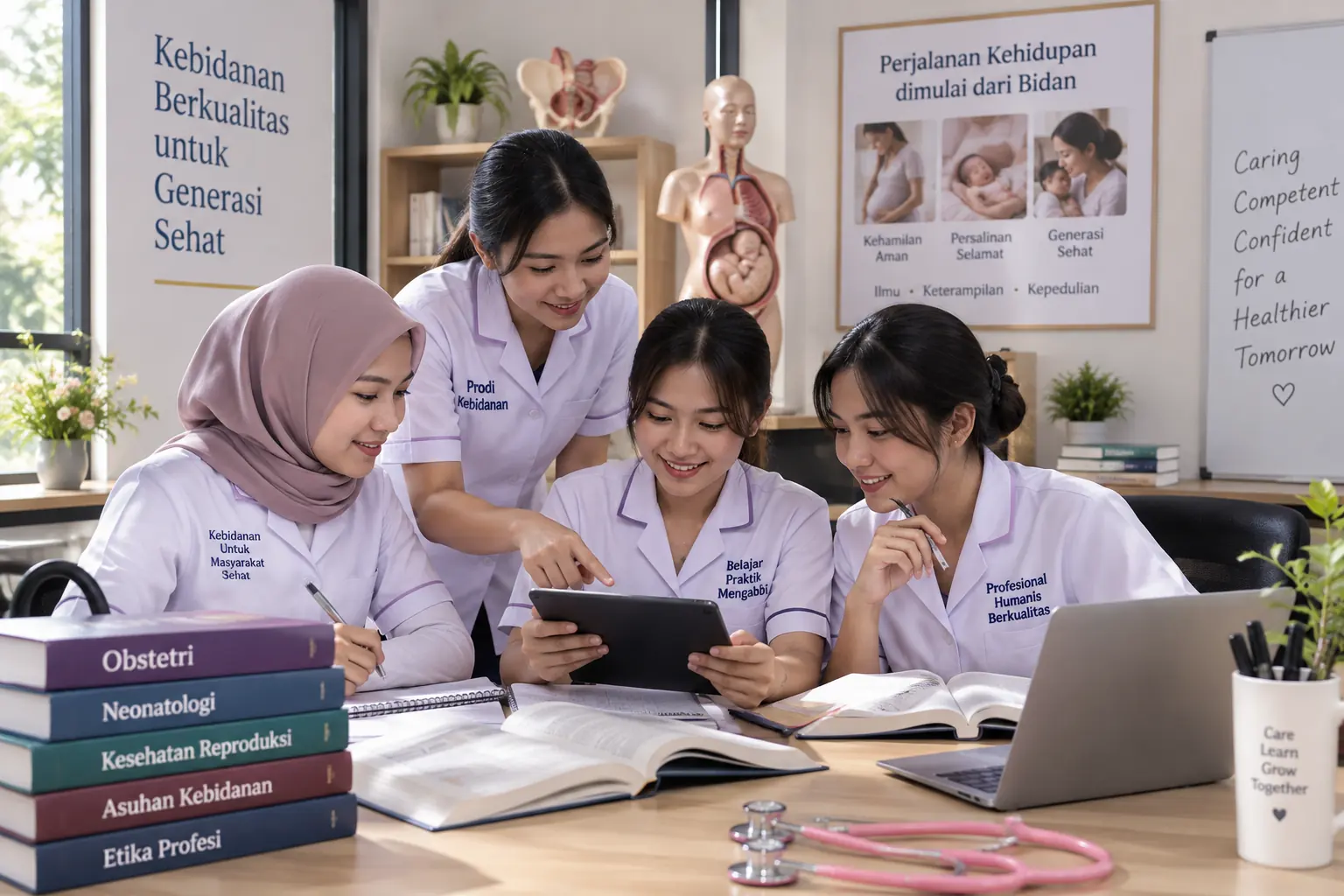Mahasiswa prodi kebidanan belajar bersama di ruang pendidikan kesehatan